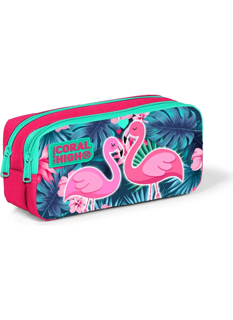CORAL HIGH Kids Two Compartment Pencil Case Neon Coral Flamingo Patterned 22295