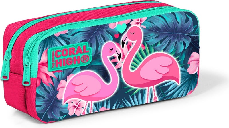 CORAL HIGH Kids Two Compartment Pencil Case Neon Coral Flamingo Patterned 22295  - Image 1