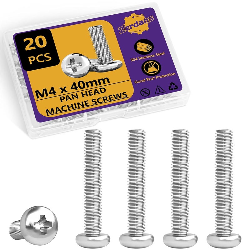 ZerDans M4 x 40mm Machine Screws, 20PCS Pan Head Machine Screws 304 Stainless Steel Metric Assortment, Truss Head Bolts, Full Thread, Phillips Drive for Furniture Repairs and 3D Printer - Image 1