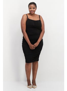 Emerald Sundae Women Plus Size Plain Midi Dress, Black  - Image 1