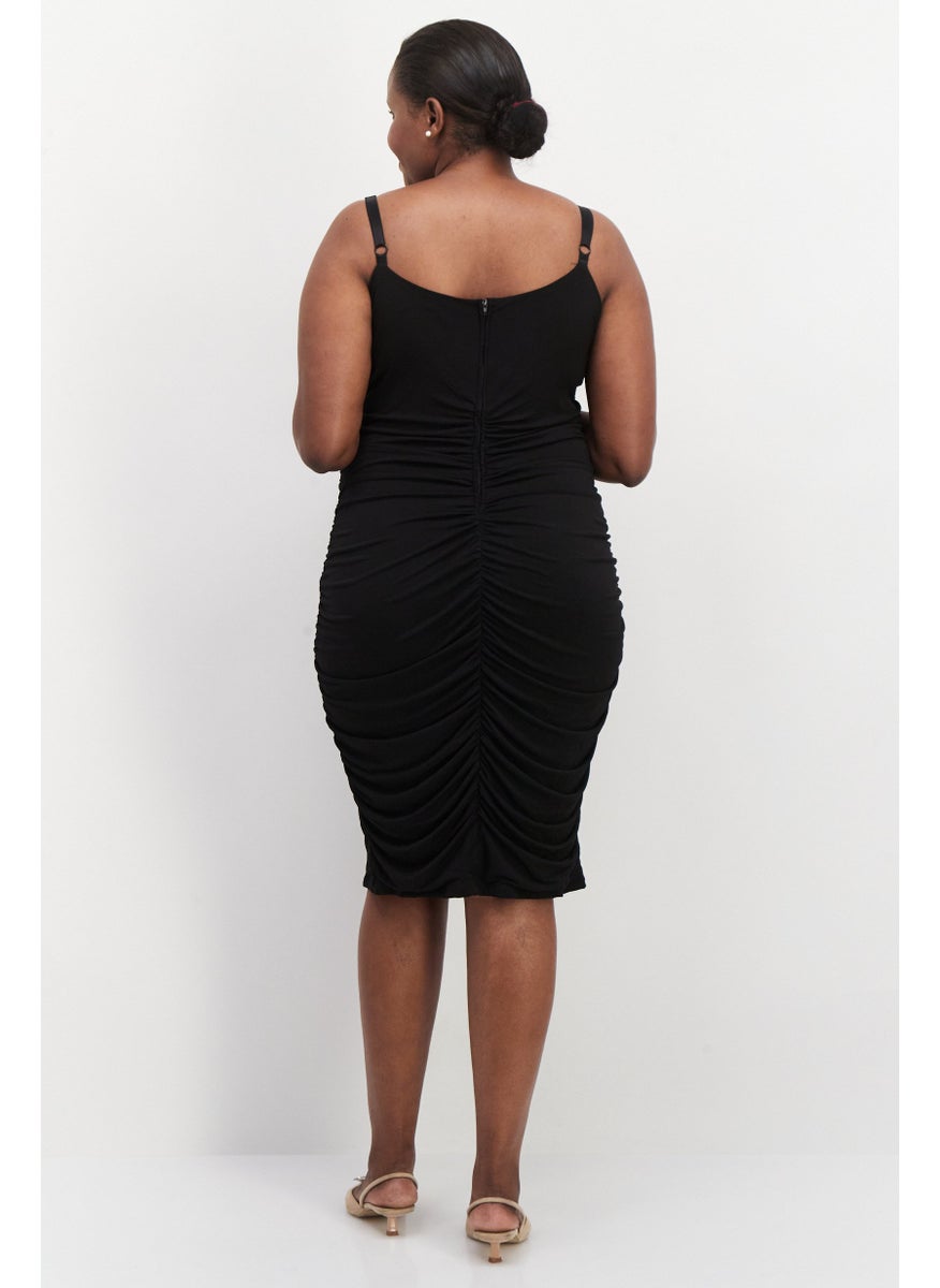 Emerald Sundae Women Plus Size Plain Midi Dress, Black  - Image 2