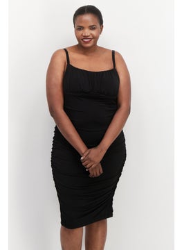 Emerald Sundae Women Plus Size Plain Midi Dress, Black  - Image 3