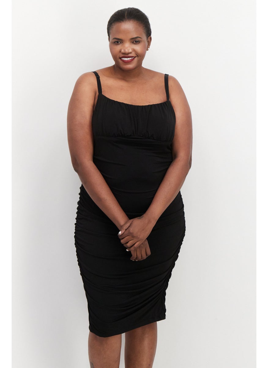 Emerald Sundae Women Plus Size Plain Midi Dress, Black  - Image 3