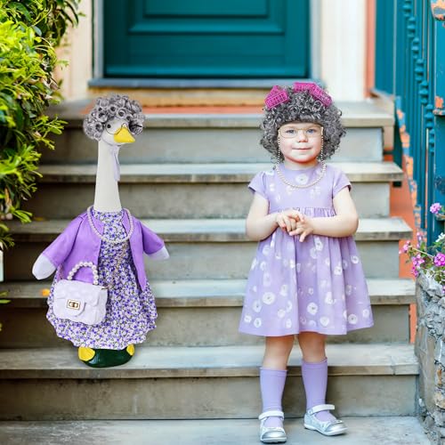 Ueyben Old Lady Porch Goose Outfits, 100 Days Grandma Wigs with Goose Clothes for 23" Lawn Cement Plastic Geese Statues for Garden Yard Holiday Decoration - Image 5