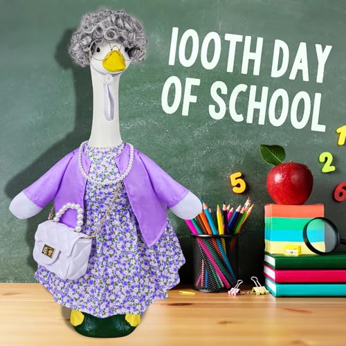 Ueyben Old Lady Porch Goose Outfits, 100 Days Grandma Wigs with Goose Clothes for 23" Lawn Cement Plastic Geese Statues for Garden Yard Holiday Decoration - Image 4