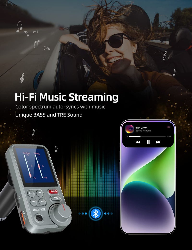 Nulaxy FM Bluetooth Transmitter for car, Strong Microphone Bluetooth Car Adapter with 1.8" Color Screen for Hands-Free Calls, Supports QC3.0 Charging, Treble and Bass Sound Music Player- KM30 Grey - Image 4