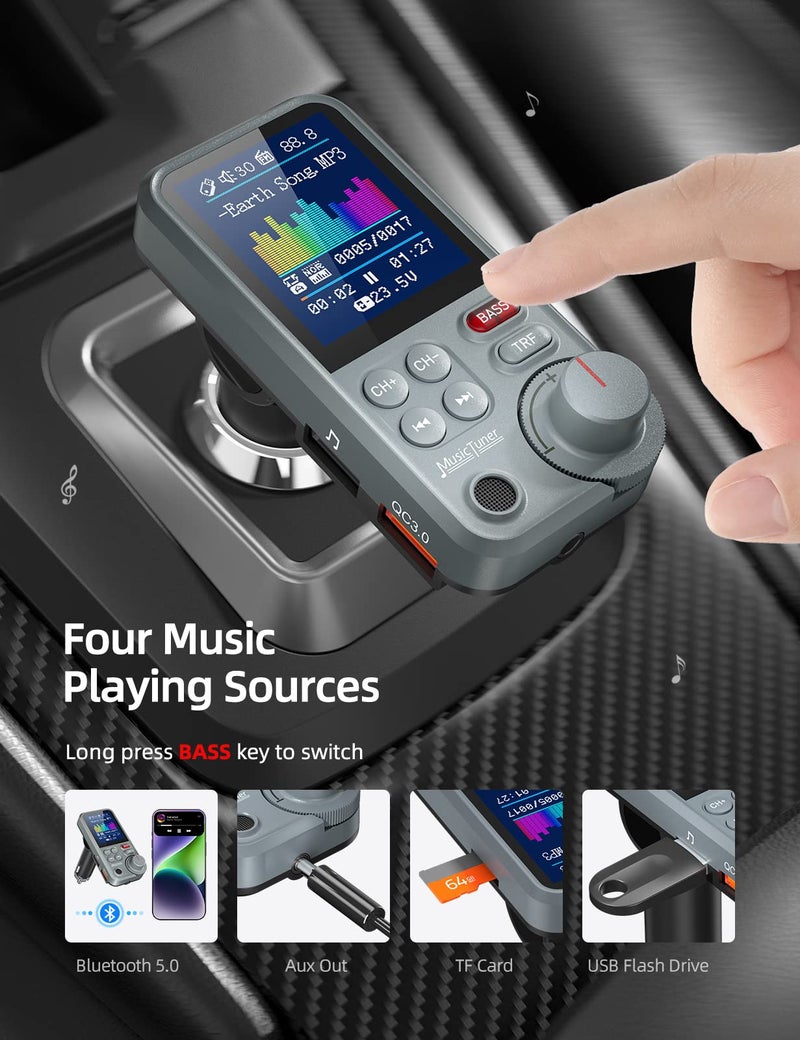 Nulaxy FM Bluetooth Transmitter for car, Strong Microphone Bluetooth Car Adapter with 1.8" Color Screen for Hands-Free Calls, Supports QC3.0 Charging, Treble and Bass Sound Music Player- KM30 Grey - Image 5