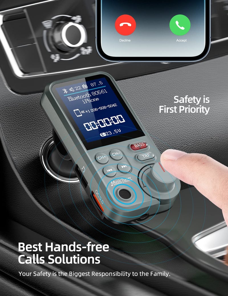 Nulaxy FM Bluetooth Transmitter for car, Strong Microphone Bluetooth Car Adapter with 1.8" Color Screen for Hands-Free Calls, Supports QC3.0 Charging, Treble and Bass Sound Music Player- KM30 Grey - Image 2