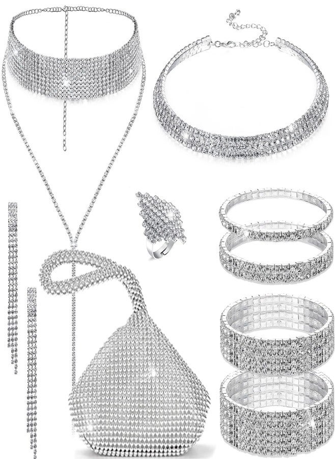 EIELO Rhinestone Jewelry Set for Women Wedding Bridal Triangle Bling Clutch Bag Glitter Choker Necklace Tennis Stretch Bracelets Ring Dangle Fringe Earrings Set - Image 1
