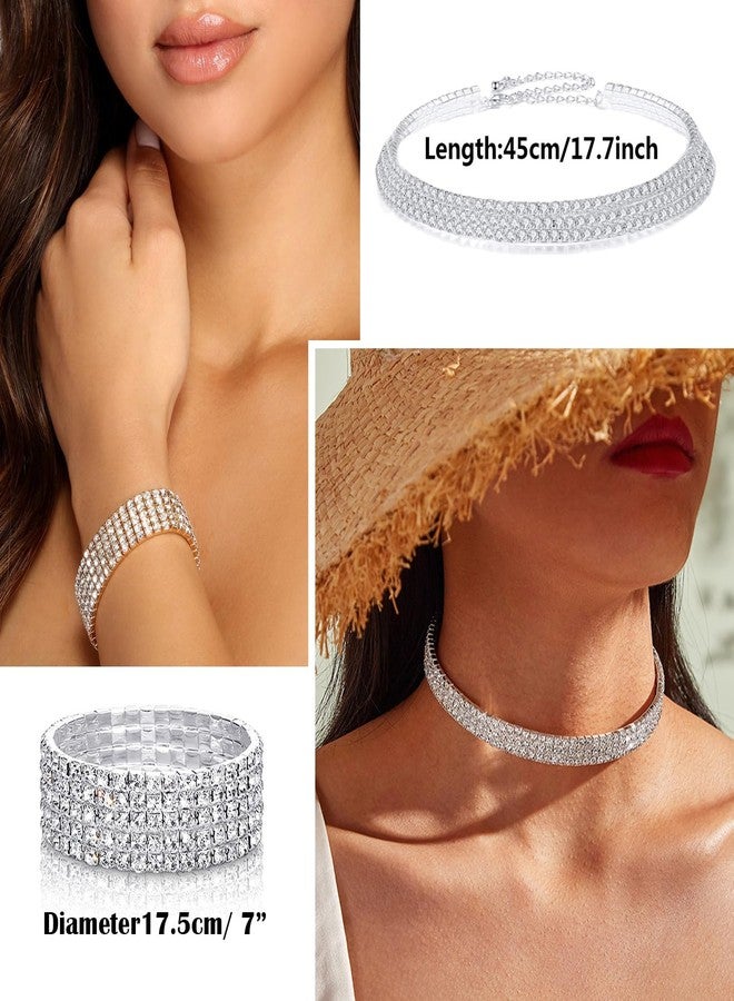 EIELO Rhinestone Jewelry Set for Women Wedding Bridal Triangle Bling Clutch Bag Glitter Choker Necklace Tennis Stretch Bracelets Ring Dangle Fringe Earrings Set - Image 4