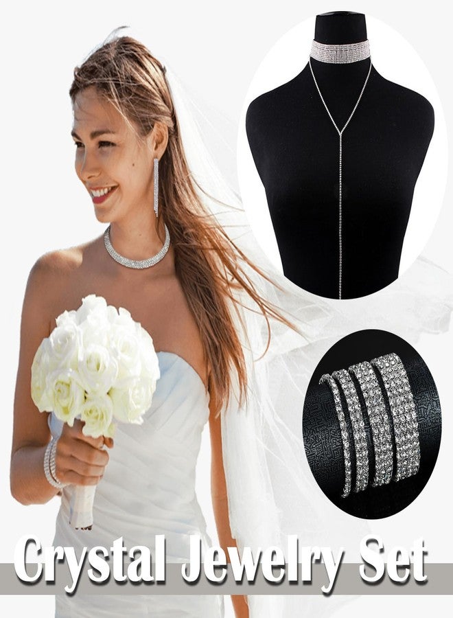 EIELO Rhinestone Jewelry Set for Women Wedding Bridal Triangle Bling Clutch Bag Glitter Choker Necklace Tennis Stretch Bracelets Ring Dangle Fringe Earrings Set - Image 5