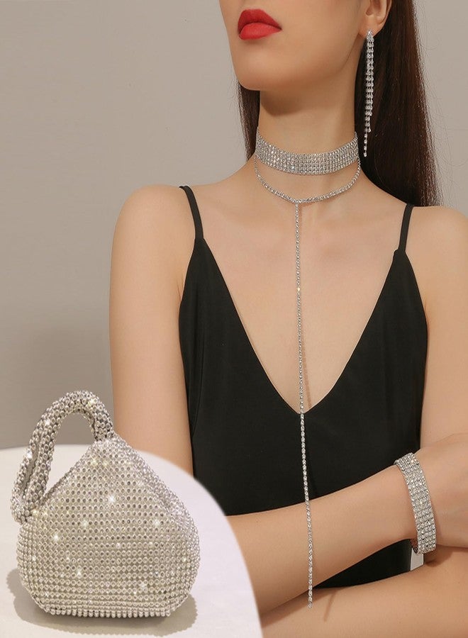 EIELO Rhinestone Jewelry Set for Women Wedding Bridal Triangle Bling Clutch Bag Glitter Choker Necklace Tennis Stretch Bracelets Ring Dangle Fringe Earrings Set - Image 3