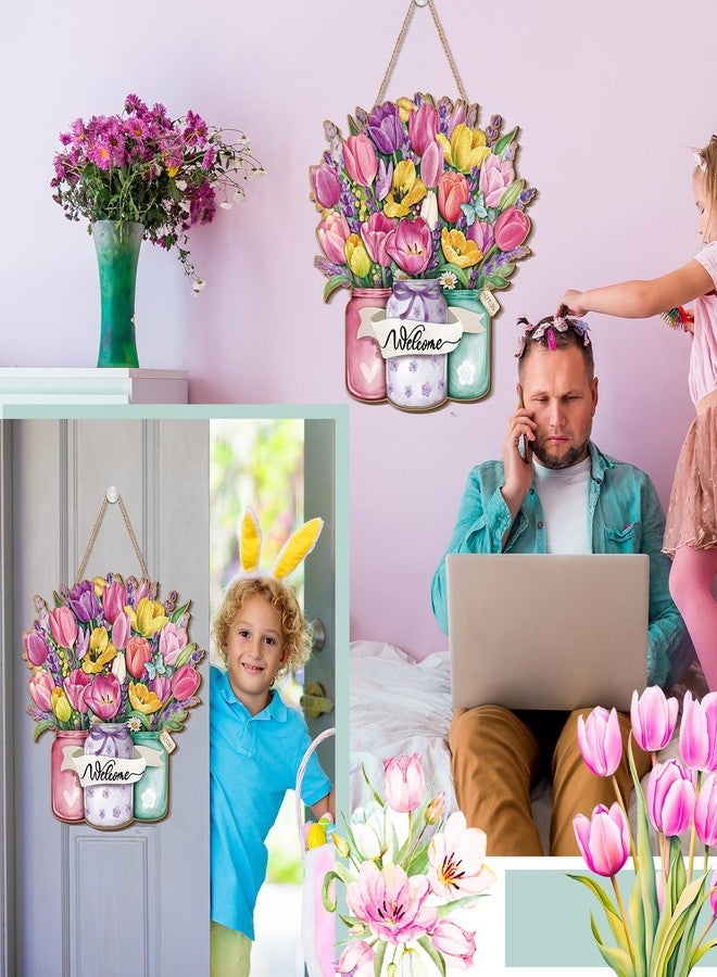 ديكور باب ربيعي للمنزل، مقاس 11.8 × 11.4 بوصة، لافتة ترحيب ربيعية خشبية بتصميم زهور منعشة، ديكور حائط خشبي معلق للشرفة أو المنزل الريفي أو في الهواء الطلق - Image 4