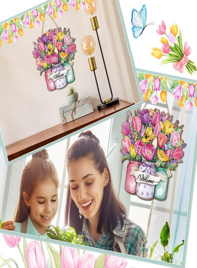 ديكور باب ربيعي للمنزل، مقاس 11.8 × 11.4 بوصة، لافتة ترحيب ربيعية خشبية بتصميم زهور منعشة، ديكور حائط خشبي معلق للشرفة أو المنزل الريفي أو في الهواء الطلق - Image 5