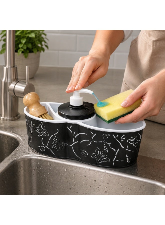 3-in-1 Liquid Soap Dispenser Pump with Sponge Holder & Brush Caddy Organizer for Kitchen & Bathroom - Black & White - Image 3