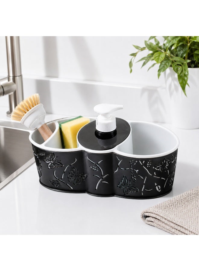 3-in-1 Liquid Soap Dispenser Pump with Sponge Holder & Brush Caddy Organizer for Kitchen & Bathroom - Black & White - Image 4
