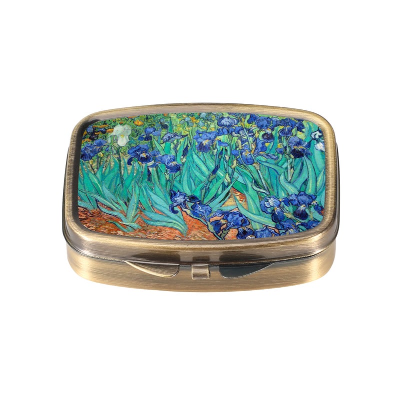 Dynippy Pill Case Pill Box with Mirror Retro Pocket 2 Compartment Medicine Case Vitamin Pill Organizer for Pocket Purse and Travel (A-Van Gogh Irises) - Image 1
