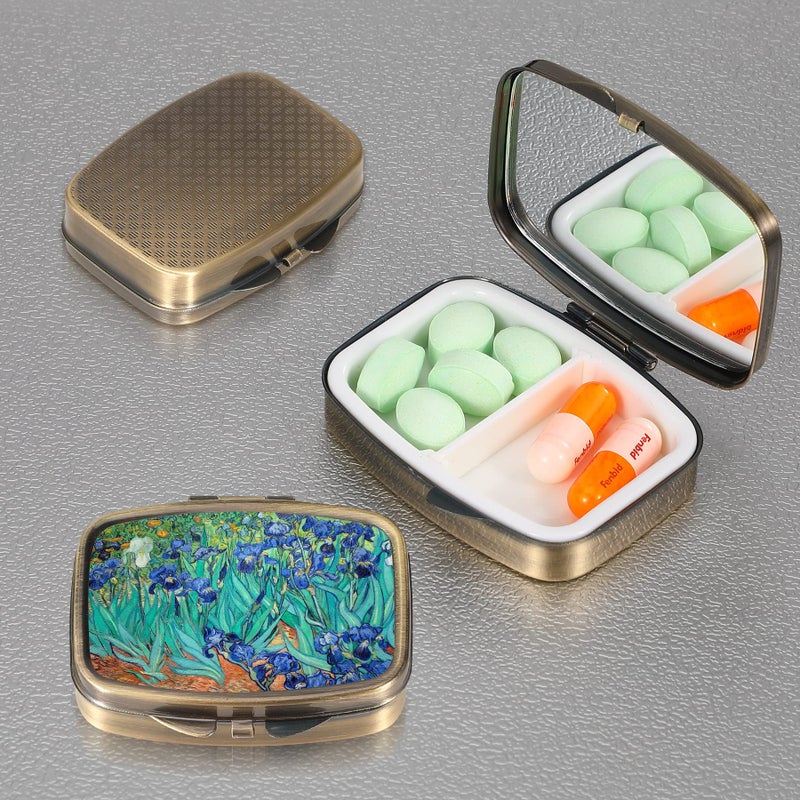 Dynippy Pill Case Pill Box with Mirror Retro Pocket 2 Compartment Medicine Case Vitamin Pill Organizer for Pocket Purse and Travel (A-Van Gogh Irises) - Image 4