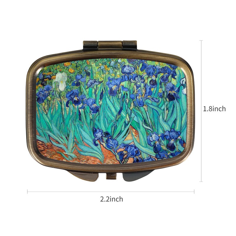 Dynippy Pill Case Pill Box with Mirror Retro Pocket 2 Compartment Medicine Case Vitamin Pill Organizer for Pocket Purse and Travel (A-Van Gogh Irises) - Image 2
