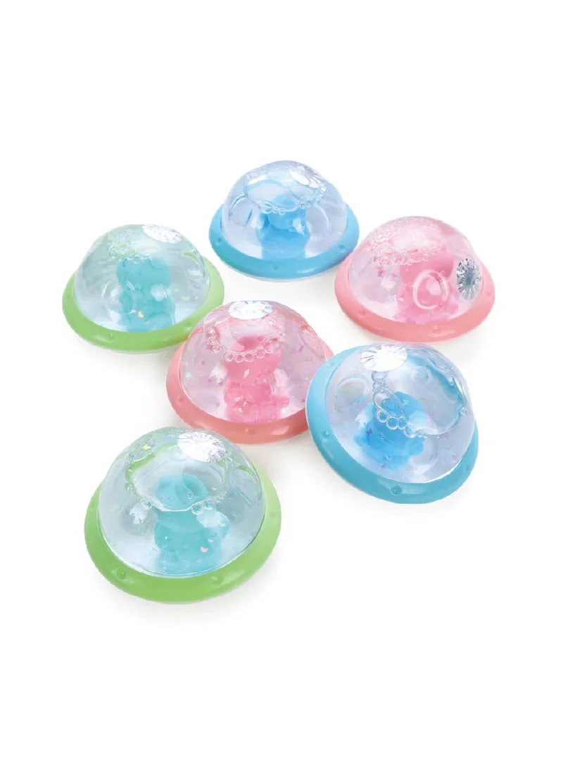 TOOLY Crystal Slime Toy Dome, UFO Shape Colorful Glitter Slime with Cute Figurine Inside (Assorted Colors) 6Pcs x 210gm