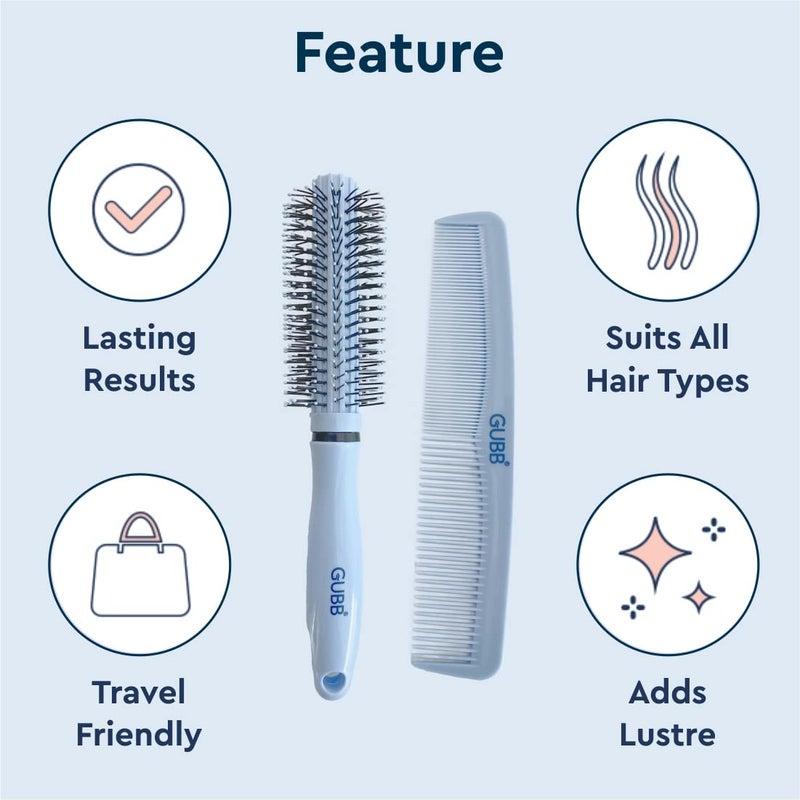 GUBB Grooming Stylish Combo of Round Rolling Curling Roller Comb Hair Brush Half Coarse and Half Fine General Grooming Comb Blue - Image 4