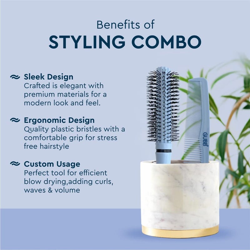 GUBB Grooming Stylish Combo of Round Rolling Curling Roller Comb Hair Brush Half Coarse and Half Fine General Grooming Comb Blue - Image 3
