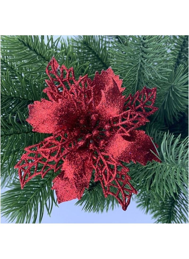 ACLIX 12 Pcs Glitter Poinsettia Flowers Artificial - Christmas Red Poinsettia Decorations Tree Flowers Ornaments for Xmas/Holiday/Seasonal/Wedding Decor Red  - Image 2