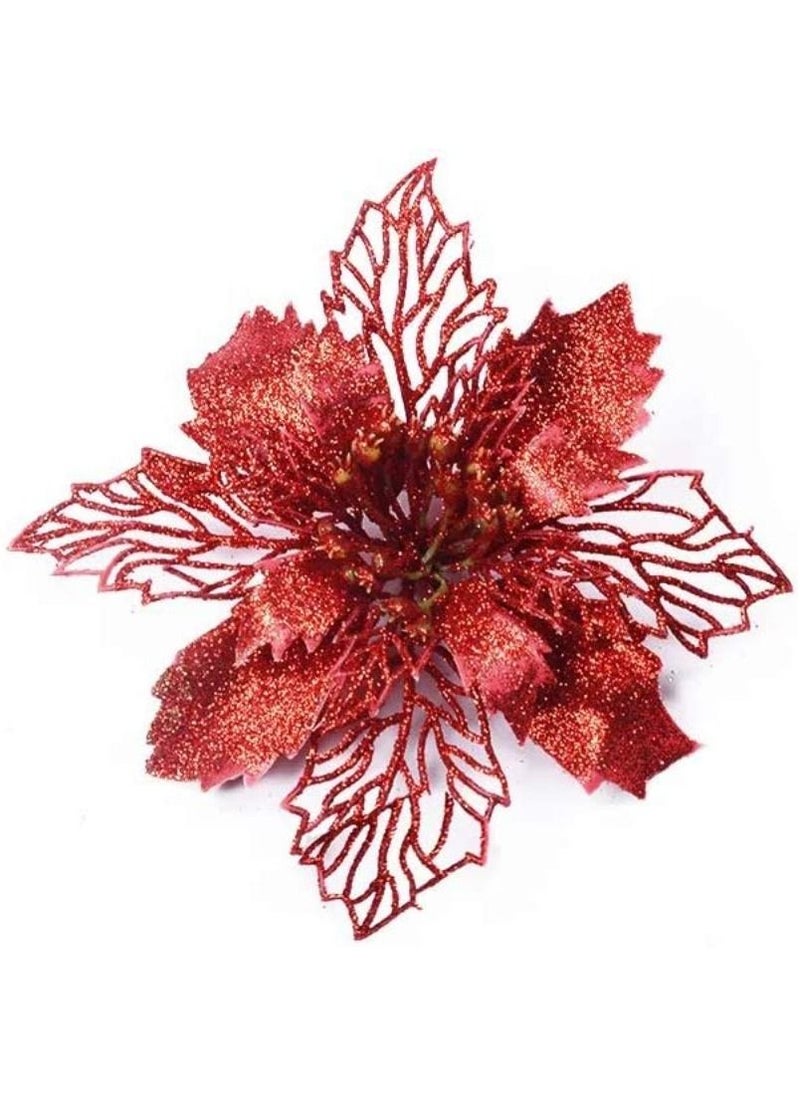 ACLIX 12 Pcs Glitter Poinsettia Flowers Artificial - Christmas Red Poinsettia Decorations Tree Flowers Ornaments for Xmas/Holiday/Seasonal/Wedding Decor Red  - Image 1
