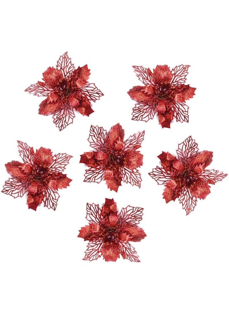 ACLIX 12 Pcs Glitter Poinsettia Flowers Artificial - Christmas Red Poinsettia Decorations Tree Flowers Ornaments for Xmas/Holiday/Seasonal/Wedding Decor Red  - Image 3