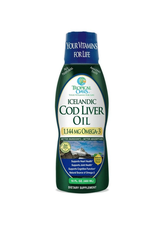 Tropical Oasis - Icelandic Cod Liver Oil ; Maximum Strength 1144Mg Of Liquid Omega 3 Fish Oil ; Wild Caught Natural Omega 3 Fish Oil For Heart Brain & Joint Health ; Lemon Flavor Non Gmo 3Rd Party Tested ; 90 Serv - Image 1