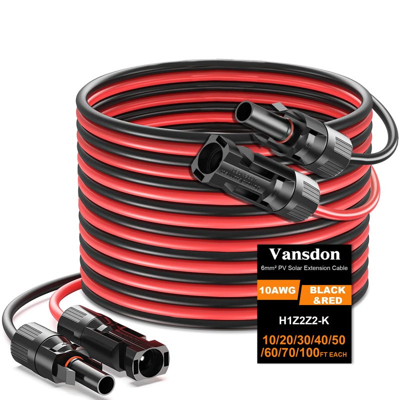 Vansdon 2x50 Feet Solar Panel Extension Cable- 10AWG Solar Cable Solar Panel Cable with Female and Male Waterproof Connectors for RV, Photovoltaic Systems - Image 1