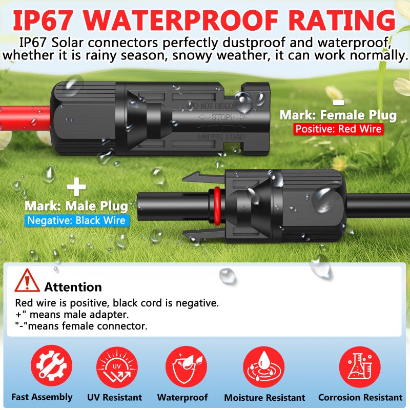 Vansdon 2x50 Feet Solar Panel Extension Cable- 10AWG Solar Cable Solar Panel Cable with Female and Male Waterproof Connectors for RV, Photovoltaic Systems - Image 4