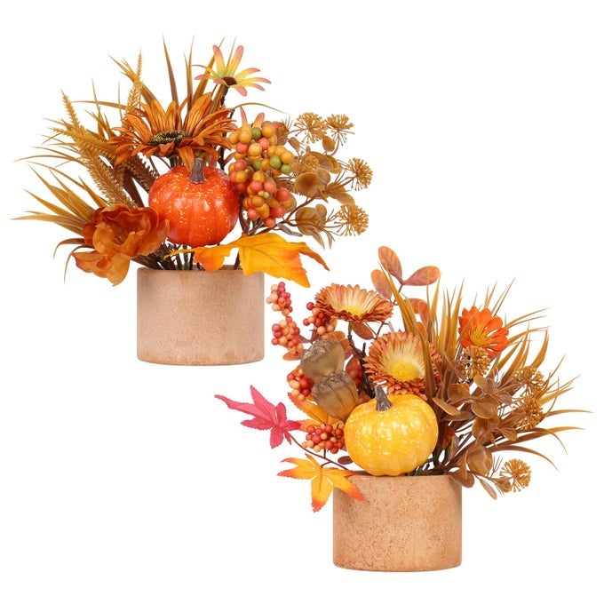 2PCS FALL DECOR ARTIFICIAL MAPLE LEAVES PUMPKIN BERRY TABLE DECORATIONS FOR HOME AUTUMN HARVEST HALLOWEEN THANKSGIVING HOLIDAY PARTY TABLE CENTERPIECES FIREPLACE DECOR