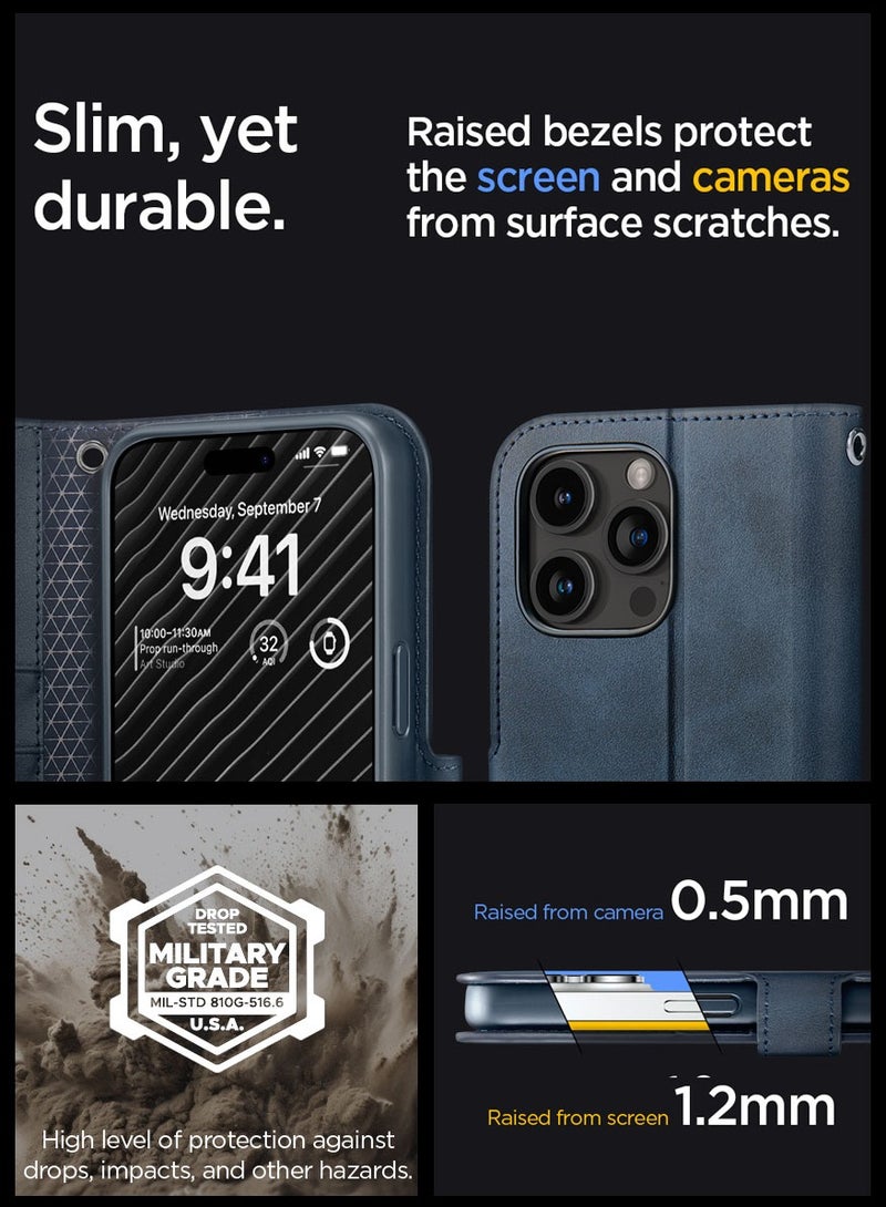 Spigen Wallet S Pro for iPhone 15 Pro Case Cover Premium Leather with Wrist Strap/Body Strap - Navy - Image 5