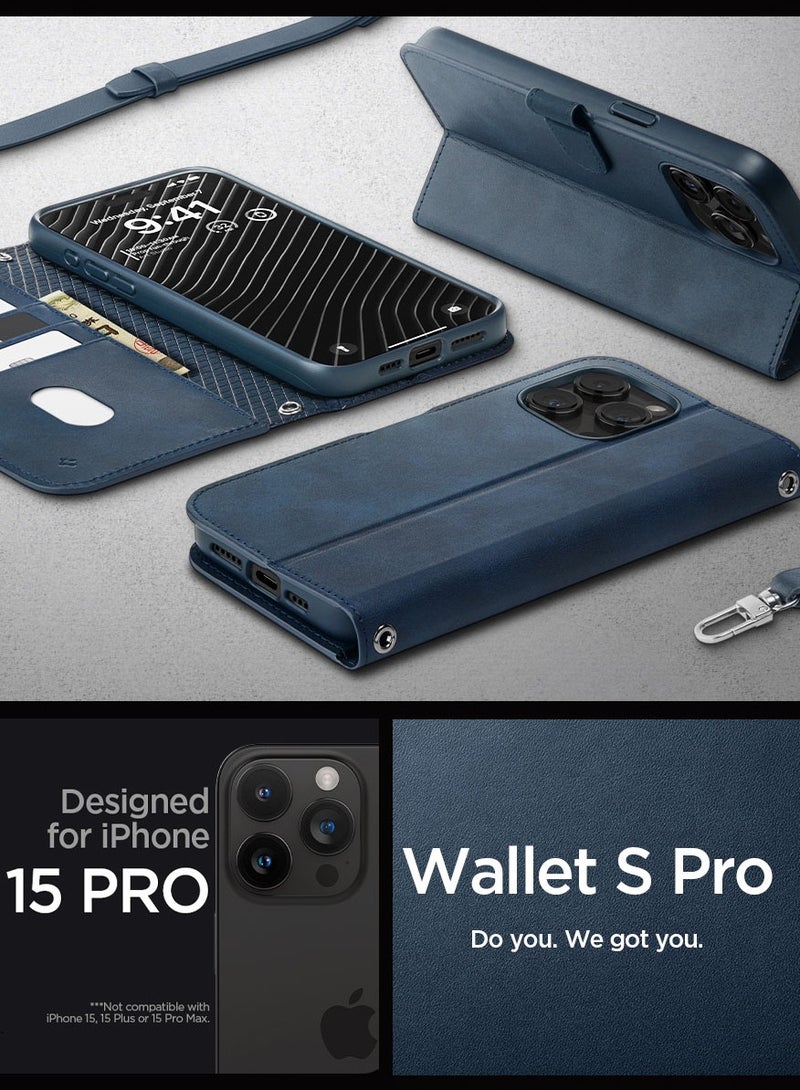 Spigen Wallet S Pro for iPhone 15 Pro Case Cover Premium Leather with Wrist Strap/Body Strap - Navy - Image 2
