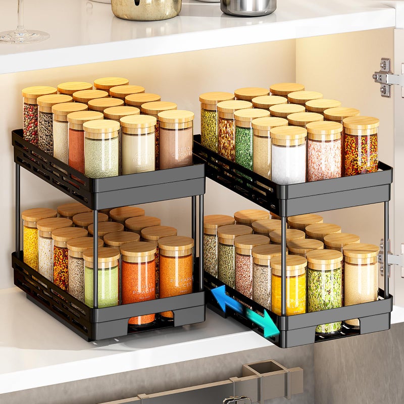 DABIGE Pull Out Spice Rack Organizer for Cabinet, 2 Pack Widen Slide Out Spice Racks Organizer, Spice Cabinet Organizers, Cabinet Size Need:12'' Highx11'' Deepx6.75'' Wide,Hold 15 Spice Jar Each Tier-2Tier - Image 1