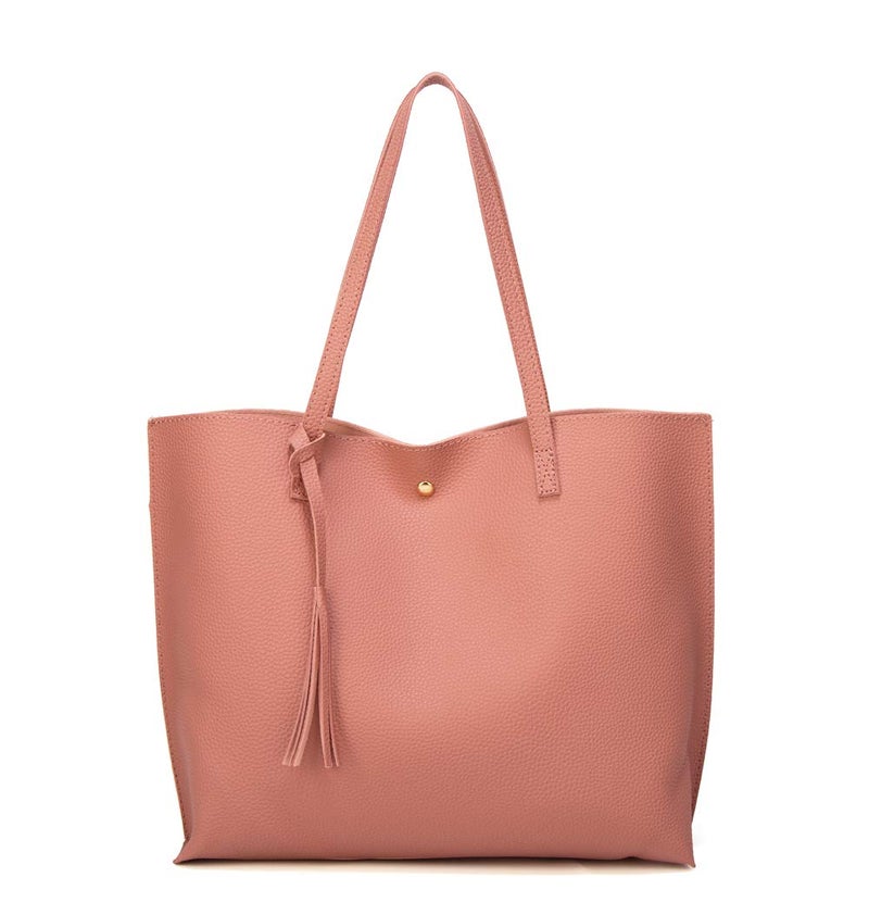 Dreubea Womens Soft Faux Leather Tote Shoulder Bag from Big Capacity Tassel Handbag Old Rose