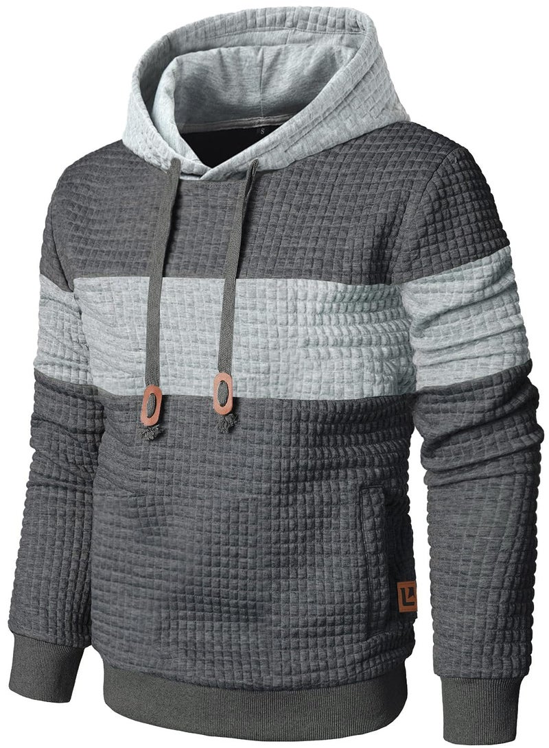 Qichic Menâ€™s Sweatshirts Long Sleeve Pullover Patchwork Plaid Jacquard Hoodie Casual Drawstring Hoody Top DarkGrey M - Image 1