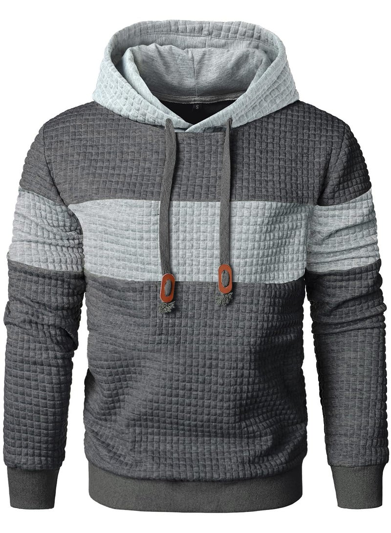 Qichic Menâ€™s Sweatshirts Long Sleeve Pullover Patchwork Plaid Jacquard Hoodie Casual Drawstring Hoody Top DarkGrey M - Image 3