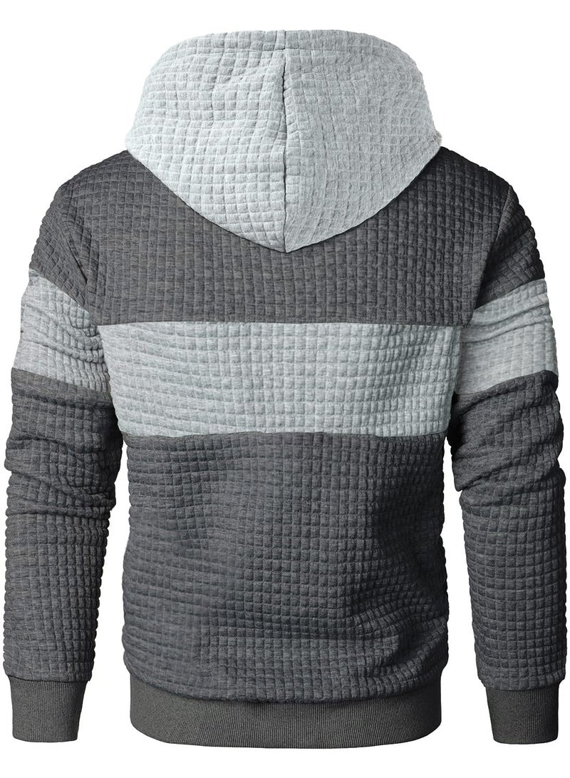 Qichic Menâ€™s Sweatshirts Long Sleeve Pullover Patchwork Plaid Jacquard Hoodie Casual Drawstring Hoody Top DarkGrey M - Image 4