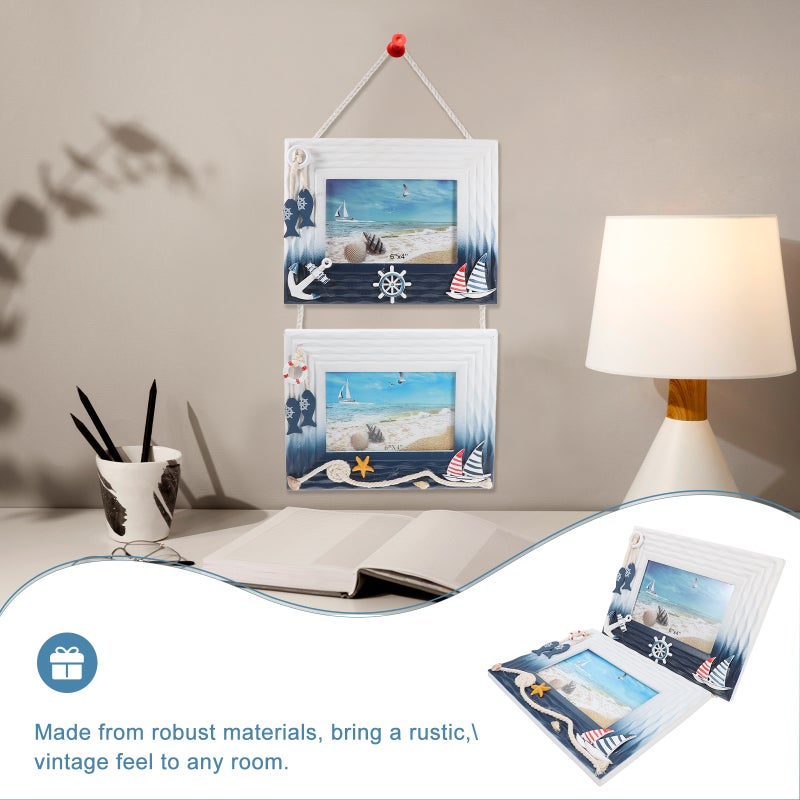 إطار صور بتصميم شاطئي، ديكور حائط، طراز البحر الأبيض المتوسط، قطعة ديكور منزلية، خشب أزرق، راتنج، شكل مرساة، قطعة واحدة - Image 3