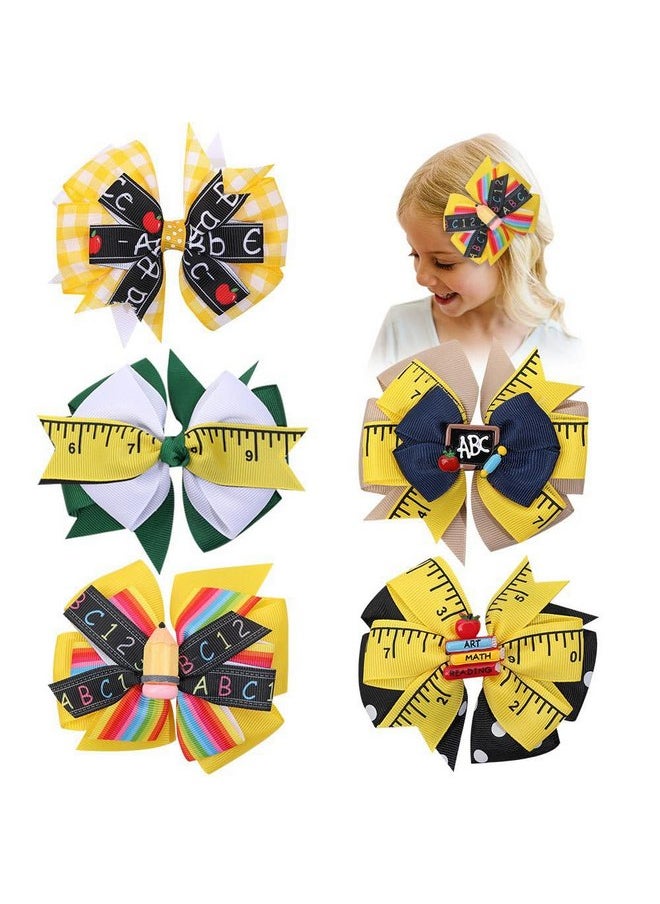 XIELIME - Back to School Bow Hair Clips for Girls, 5PCS 4.5 Inch Yellow Apple Pencil Blackboard Hair Bows Hairgrips Alligator Clips for First Day of School Hair Accessory for Toddler Kids Kindergarten Students - Image 1