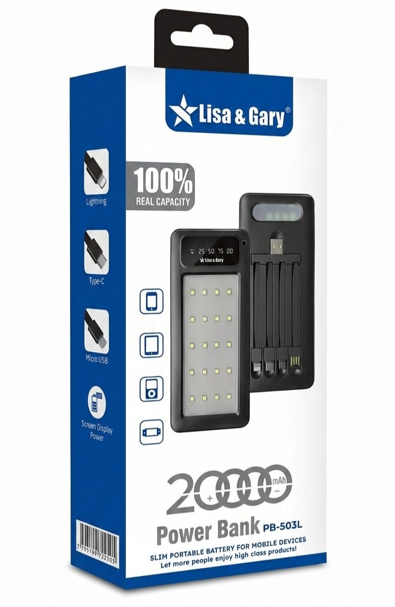 بنك طاقة محمول بسعة 20000 مللي أمبير مع شحن سريع - كابلات مدمجة من نوع Lightning وType-C وMicro USB وUSB - Image 1