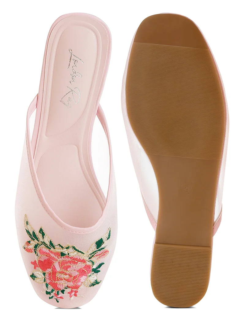 London Rag Floral Embroidered Mesh Mules in Pink