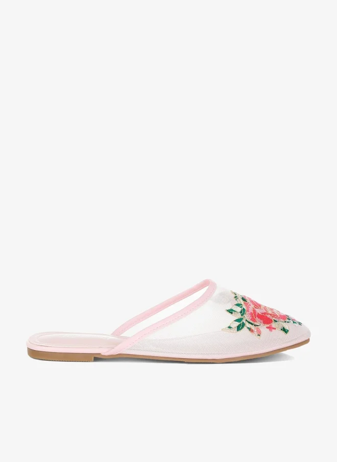 Floral Embroidered Mesh Mules in Pink