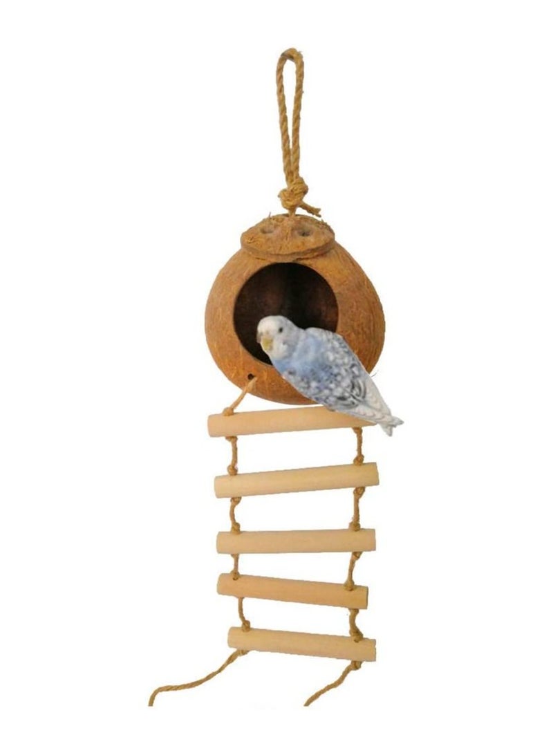 XICEN Hanging Bird House with Ladder,Natural Coconut Fiber Shell Bird Nest Breeding for Parrot Parakeet Lovebird Finch Canary,Coconut Hide Bird Swing Toys for Hamster,Bird Cage Accessories,Pet Bird Supplies - Image 1