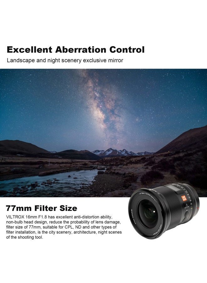 VILTROX عدسة بزاوية واسعة 16 مم f1.8 بؤرة تلقائية لعدسات سوني E، هيكل معدني، طلاء نانو AR، متوافقة مع سوني a7 a7C a7III a7RIII a7RIV a7RV a9 a6100 - Image 3