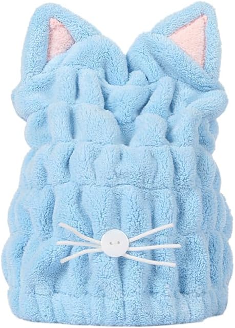 POPETPOP Hair Towel Cap  Cute Cat Bathroom Towel Hat Coral Velvet Hair Towel Wrap for Women Blue Hair Drying Towel Cap for Women  Kids Quick Dry Hair Turban for Curly Long  Wet Hair