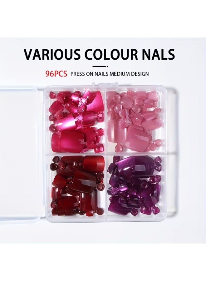 LANGMANNI Minimalist Ins Hot Style Multi-Color Glass Crystal Cat Eye Toenail Patch Detachable Nail High Quality 96pcs Short Toenails Press-On Nails Y2K Nails Hot Cool Detachable Nail Art Finished Acrylic Nails (Each Box Comes with Jelly Glue + Nail File) - Image 4
