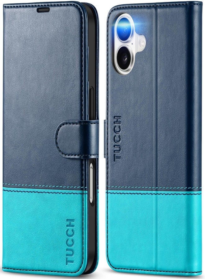 TUCCH Wallet Case for iPhone 16, [RFID Blocking] [4 Card Slots] TPU Interior Protective Case, Magnetic Folio Shockproof PU Leather Stand Flip Cover Compatible with iPhone 16, Dark Blue&Lake Blue - Image 1